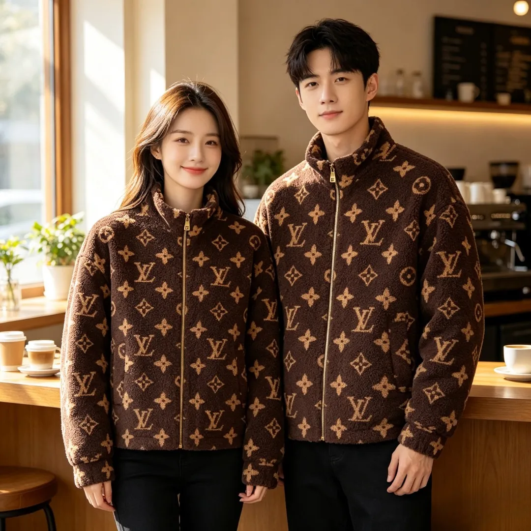 Louis Vuitton/Louis Vuitton dark brown all-over printed old flower Teddy polar fleece stand-up collar jacket